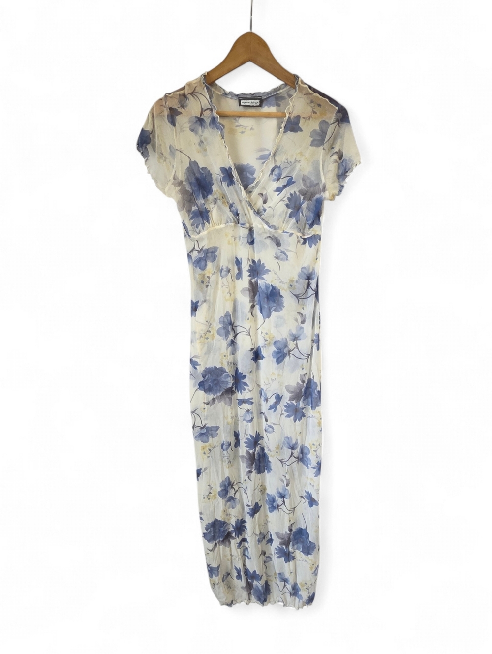 Vintage 90s Y2K Aqua Blues Cream Mesh Floral Print Maxi Dress Size Small*